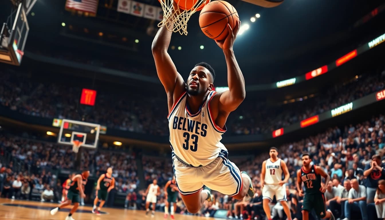 Dee Brown leaping for a slam dunk, showcasing athleticism during a vibrant basketball game.