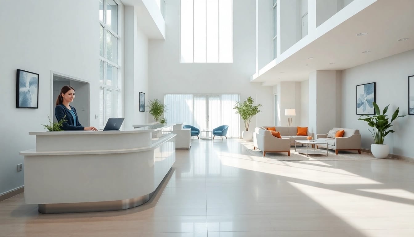Accommodations featuring a modern lobby with inviting decor and natural light.