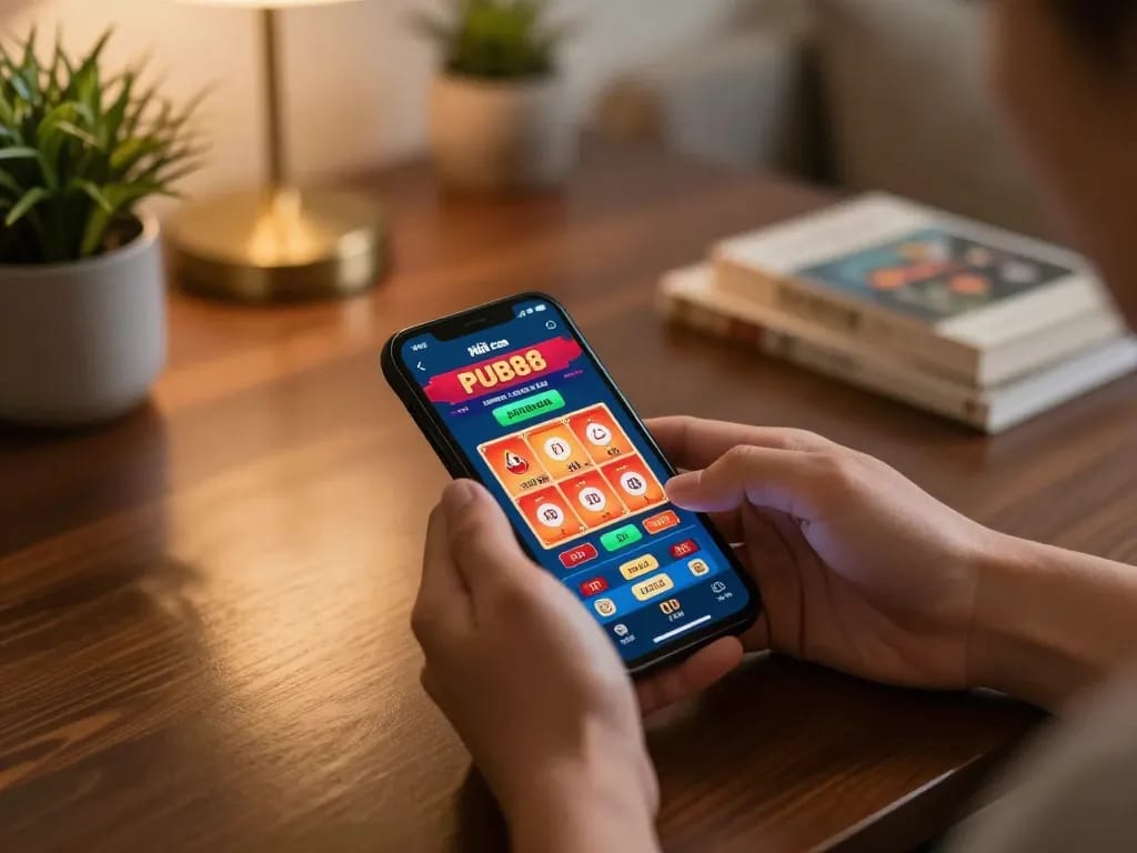 Engaging with Nhà cái PUB88 app for dynamic online casino gaming on a smartphone in a cozy setting.