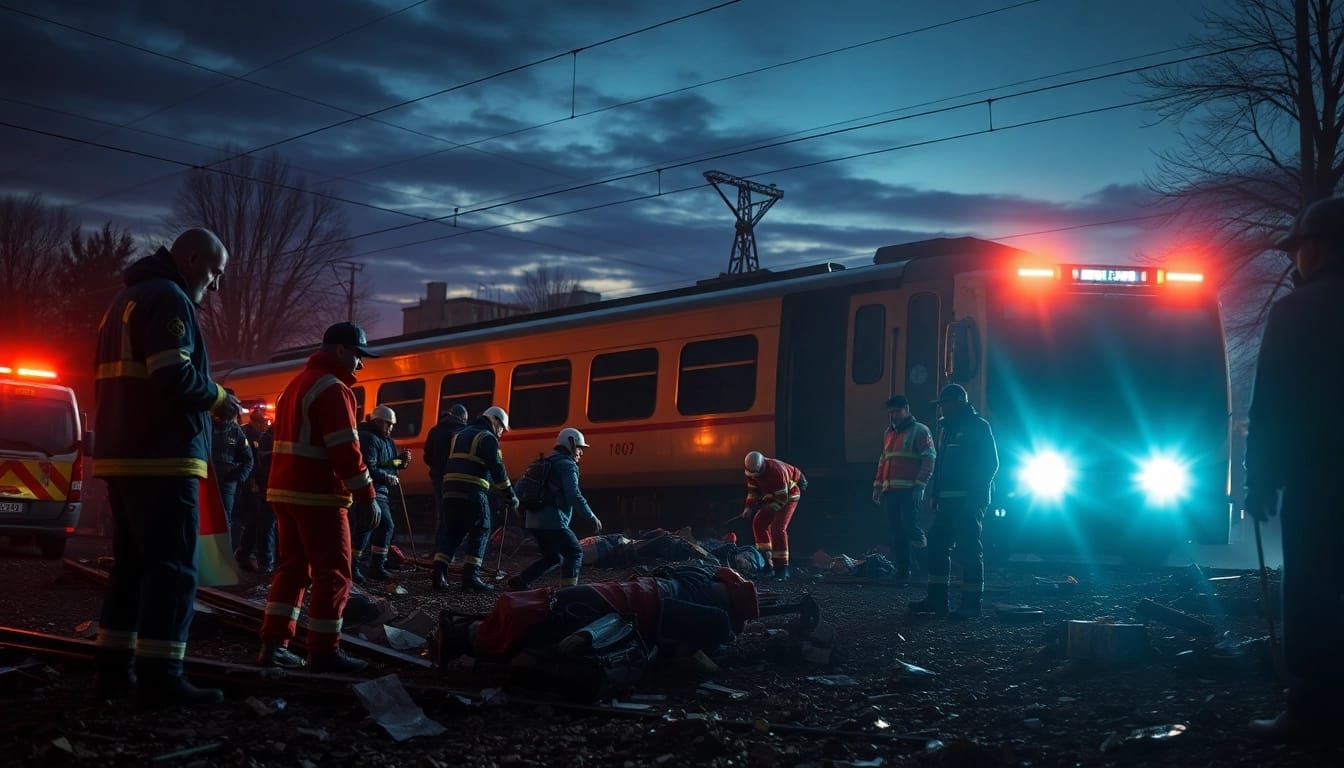 Emergency responders at the spain train crash scene assisting victims in a chaotic atmosphere.