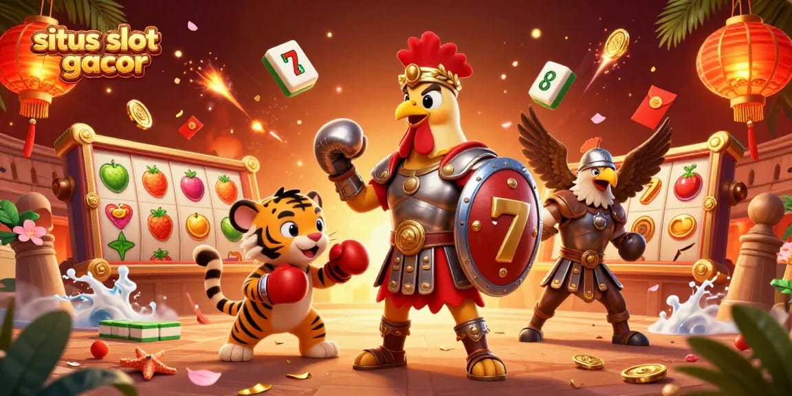Experience the thrill of situs slot gacor with an epic 3D scene featuring gladiators and casino elements.