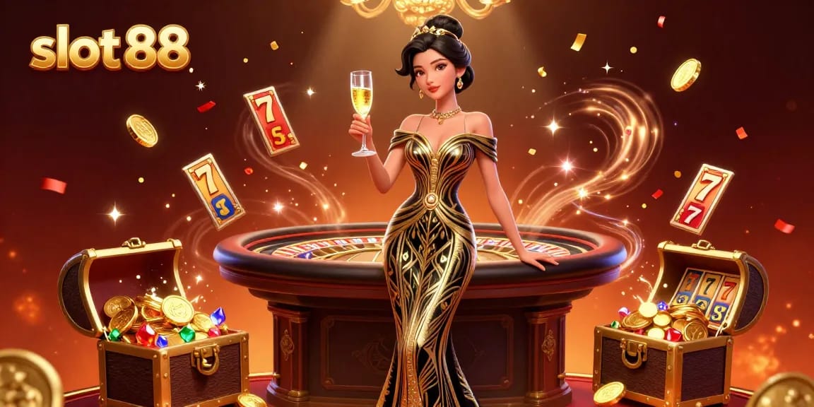 Engage with the exciting slot 88 experience featuring vibrant gold coins and playful game elements in a dynamic casino scene.