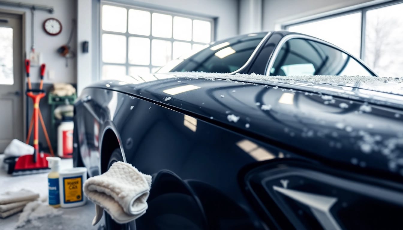 Winter car protection Chattanooga service highlighting detailing tools and a car in snowy surroundings.