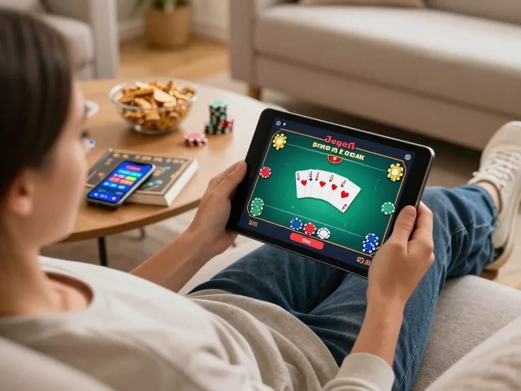 Engaging in online gambling at home with casinò online italiani non aams using a tablet and strategy notes.