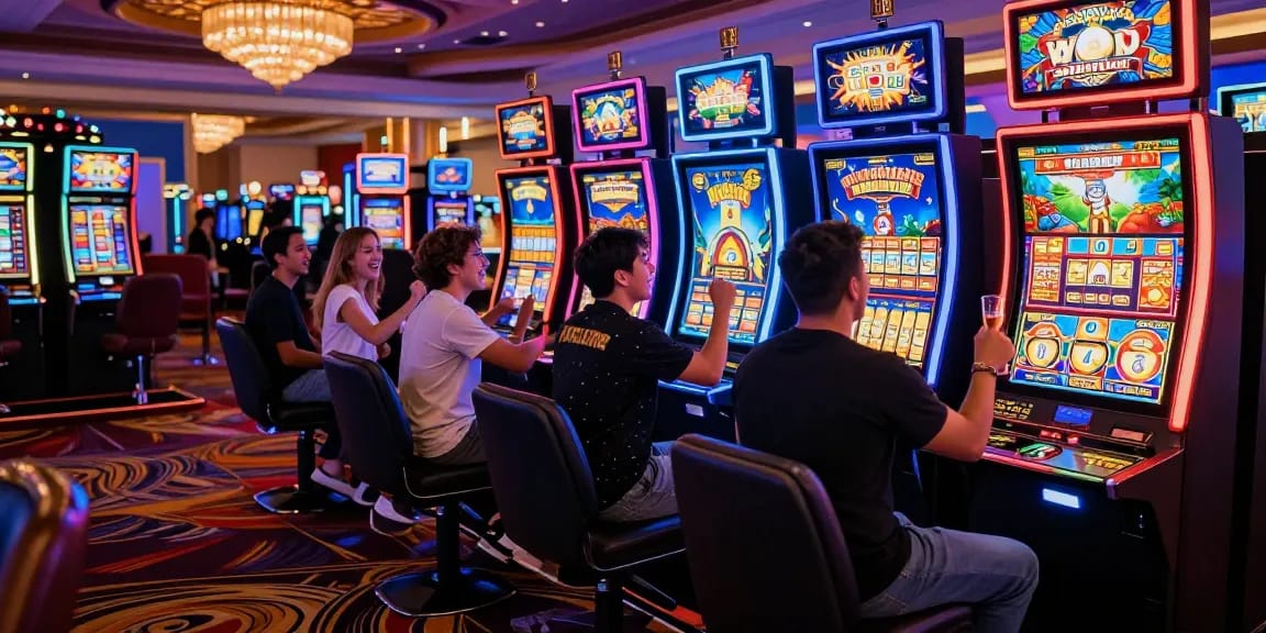 Pengalaman bermain slot gacor malam ini di kasino yang ceria dengan pemain yang menikmati permainan.