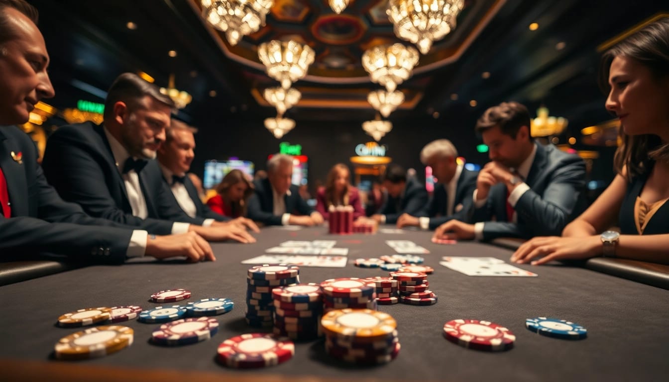 Permainan kasino bbni4d dengan pemain poker serius di meja, menciptakan suasana menegangkan.