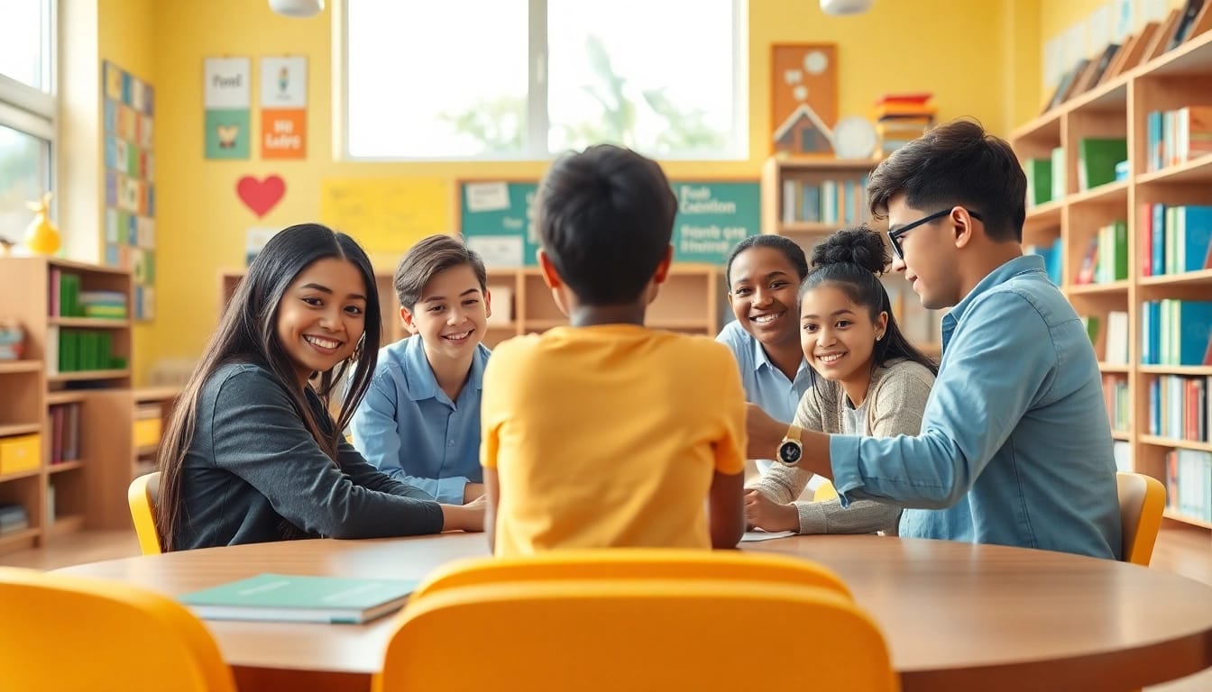 Students collaborating in a vibrant classroom setting representing Education.