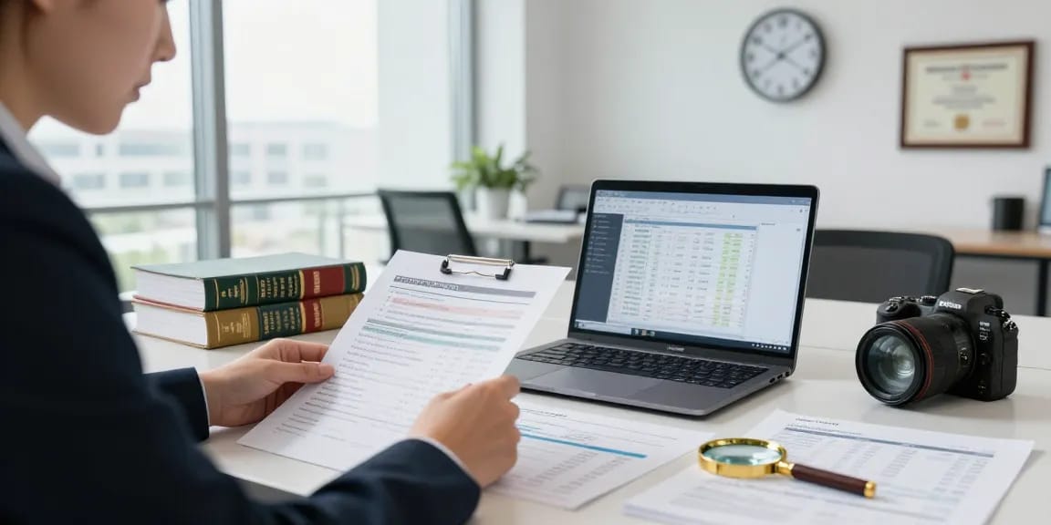Auditor bekerja di kantor modern dengan dokumen keuangan di aafikotatasikmal.org