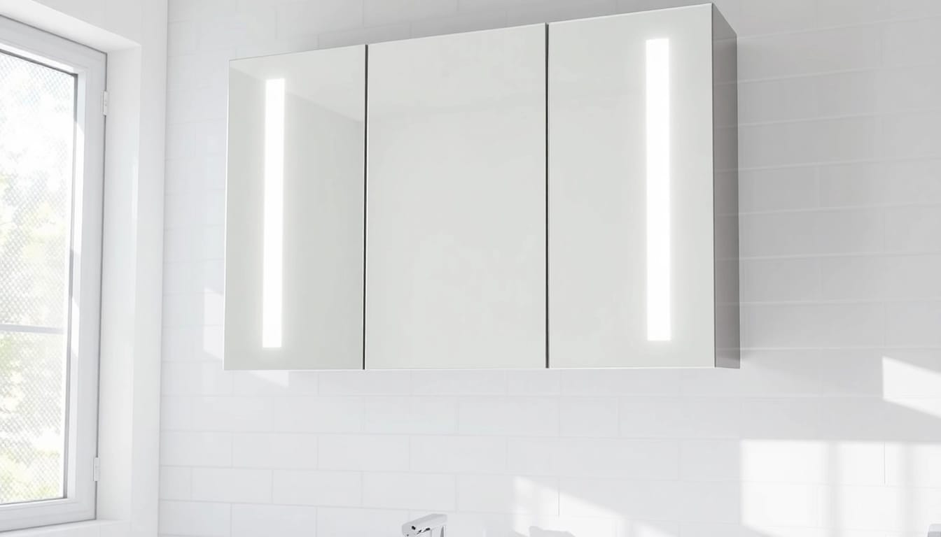 Elegant mirrored bathroom cabinet with light brightening a sleek modern bathroom.