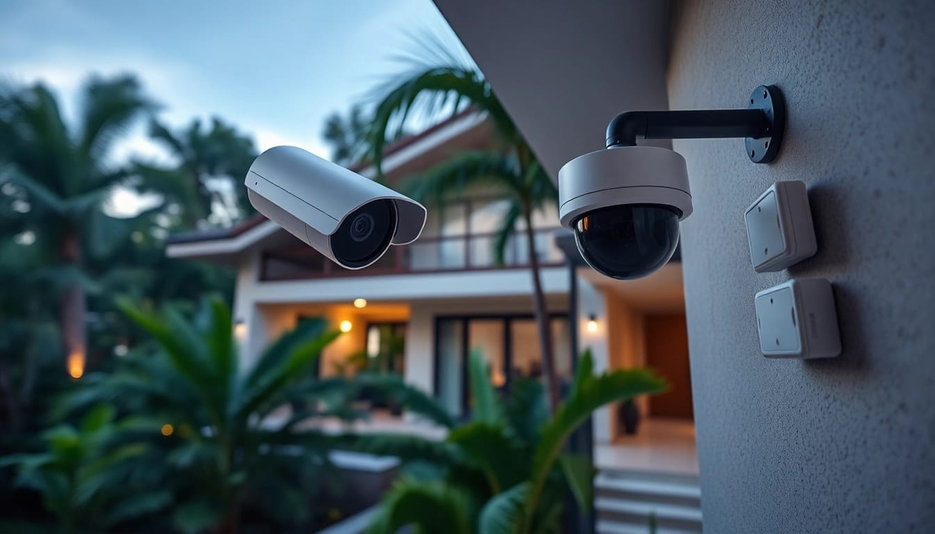 Cámaras de seguridad en Guanacaste montadas en una casa tropical, mostrando equipo de vigilancia moderno en un entorno exuberante.