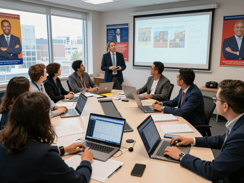 Political Facebook ads agency team collaborating on campaign strategies in a vibrant office.