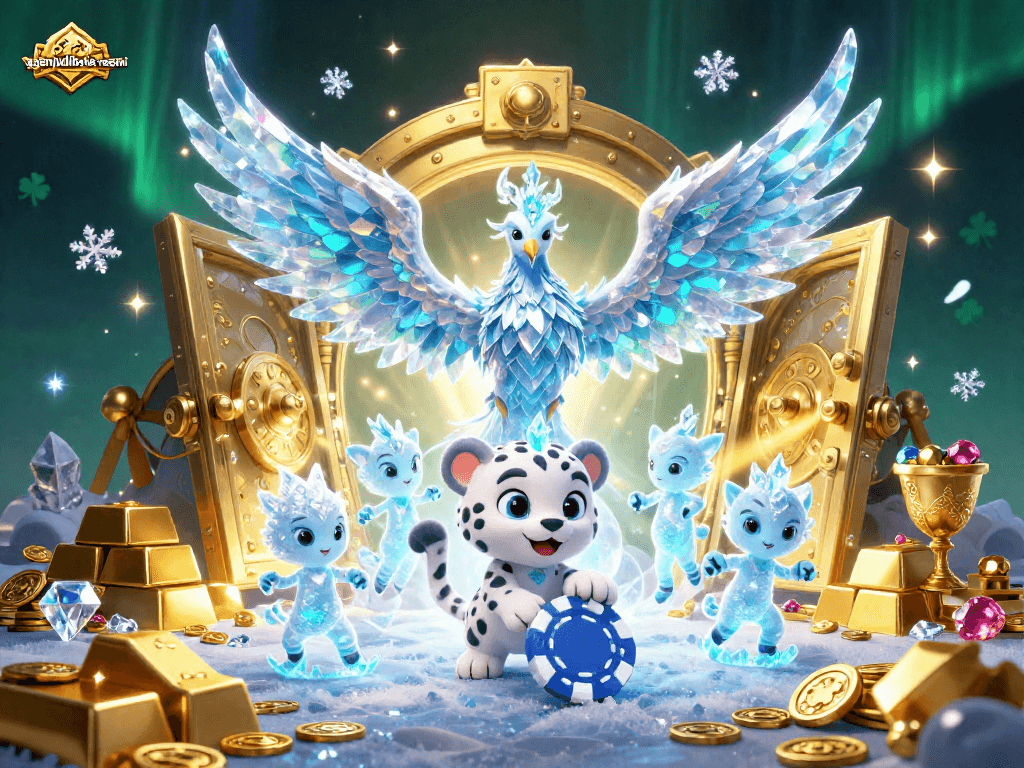 Engage with agenjudibola-resmi's dynamic casino scene featuring an ice phoenix, snow leopard, and treasure.