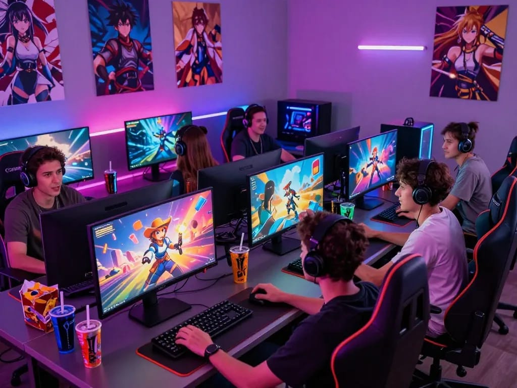 Gamers enjoying a thrilling hentai game in a vibrant atmosphere.
