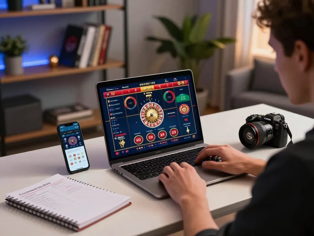 Engaging online game scene illustrating Nhà cái 8LIVE, with a player focused on casino gaming strategies and multiple devices in use.