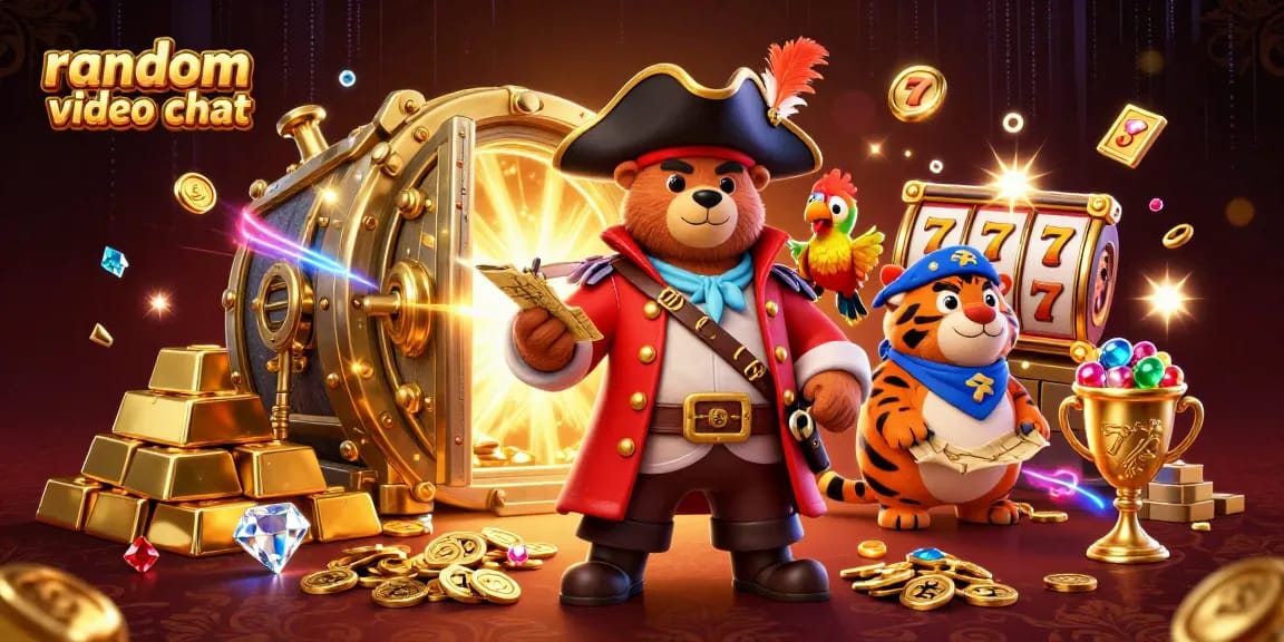 Engage in random video chat with vibrant pirate-themed elements and gold-filled excitement.