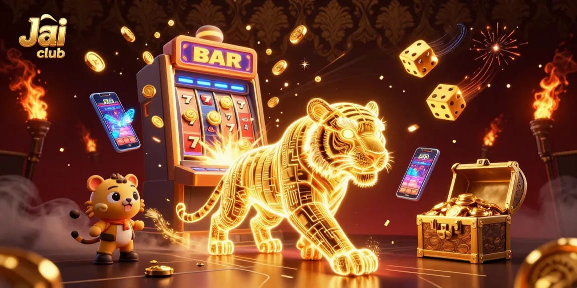 Play exciting games at Jai club with a golden tiger and a vibrant casino atmosphere.