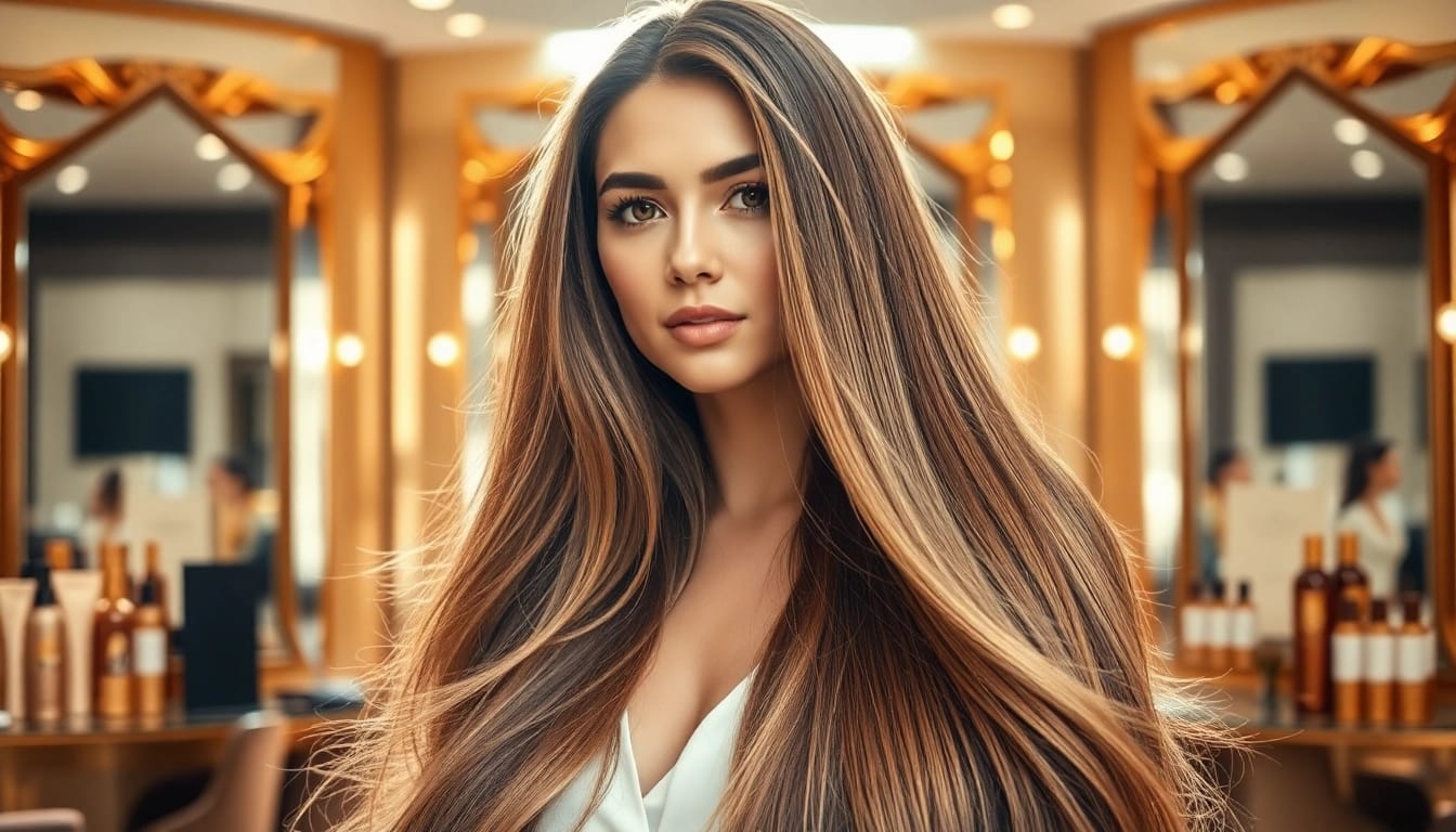 Genius weft hair extensions featured on a model in an elegant boutique setting.