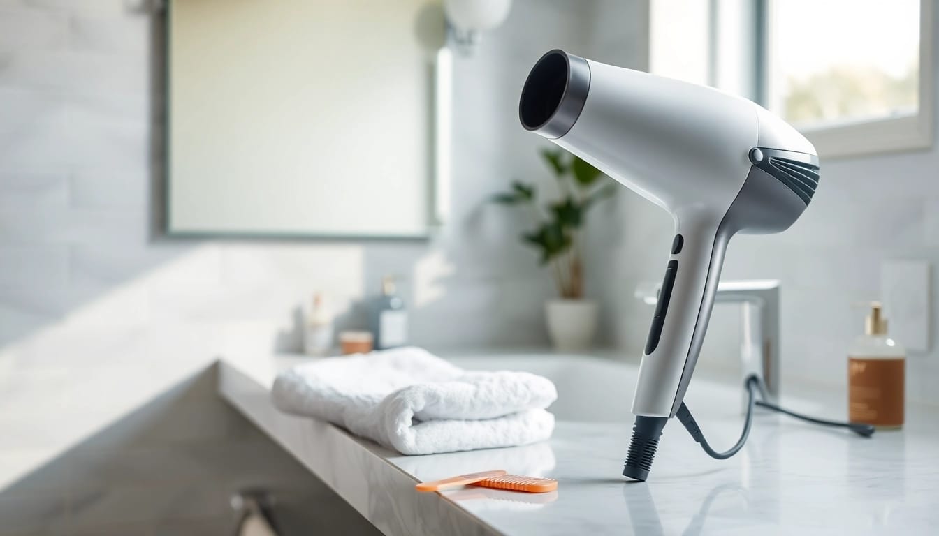Stylish hair dryer for fine hair on a countertop in a modern bathroom setting.