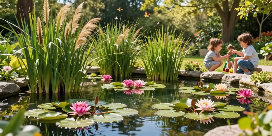 Buy pond plants online for a vibrant pond ecosystem with colorful water lilies and playful family interaction.