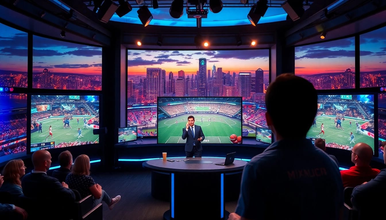 Engaging sports broadcasting studio showcasing multiple screens and a lively atmosphere.