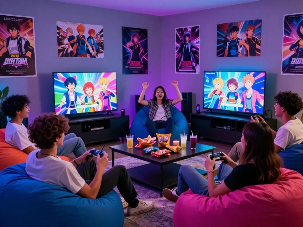 Friends enjoying multiplayer porn games online in a vibrant gaming den.