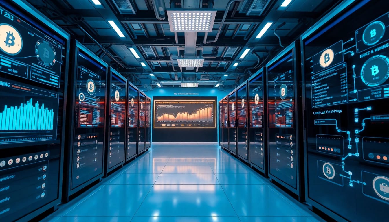 Best cloud mining technology in a modern digital workspace with advanced hardware and cryptocurrency statistics.