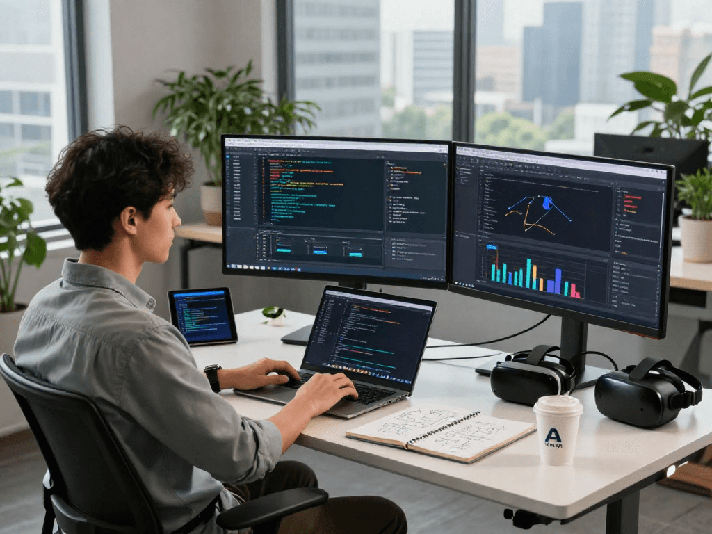 Developer showcasing AI solutions in a modern workspace while analyzing performance data and algorithms with tech gadgets, embodying the essence of a crush on AI.