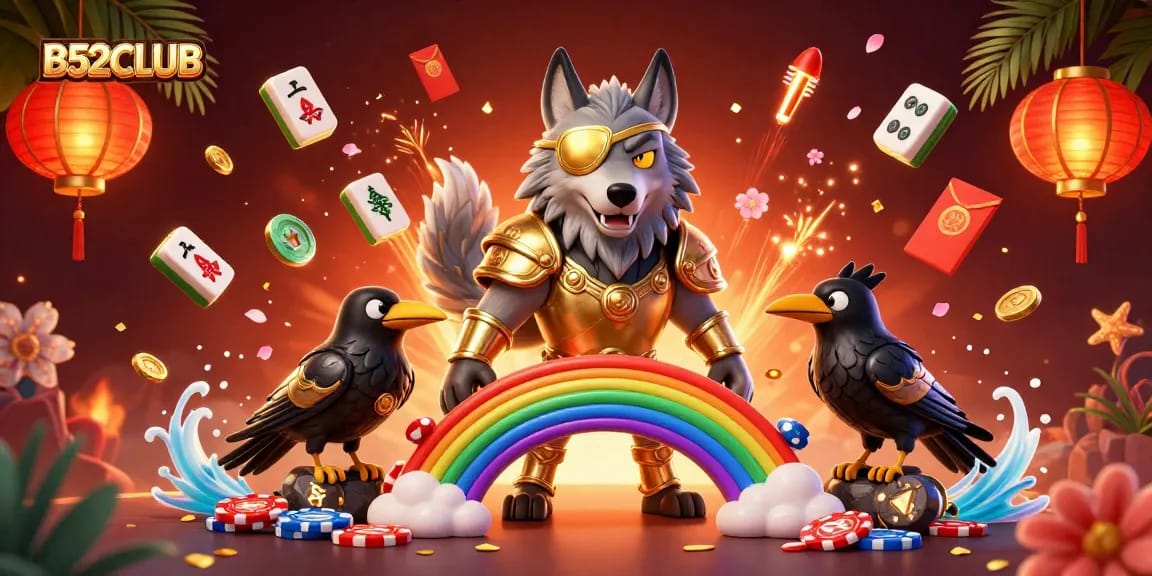 B52CLUB showcases vibrant gaming energy with a 3D Odin wolf and casino elements in action.