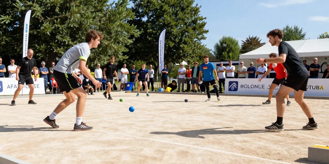 Tournament petanque di fopikotatarakan.org dengan pemain bersaing, bola petanque berwarna-warni, suasana ramai dan ceria.