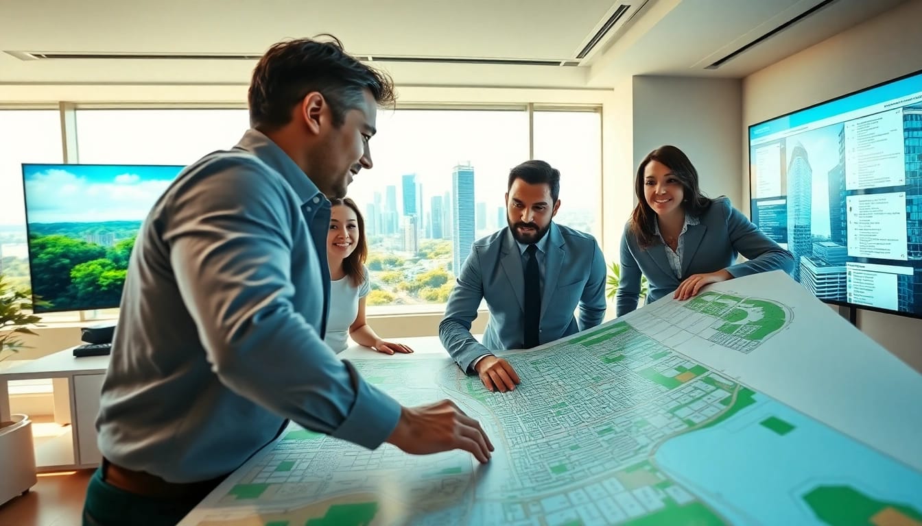 Urban planner collaborating on city development plans in a modern office setting.