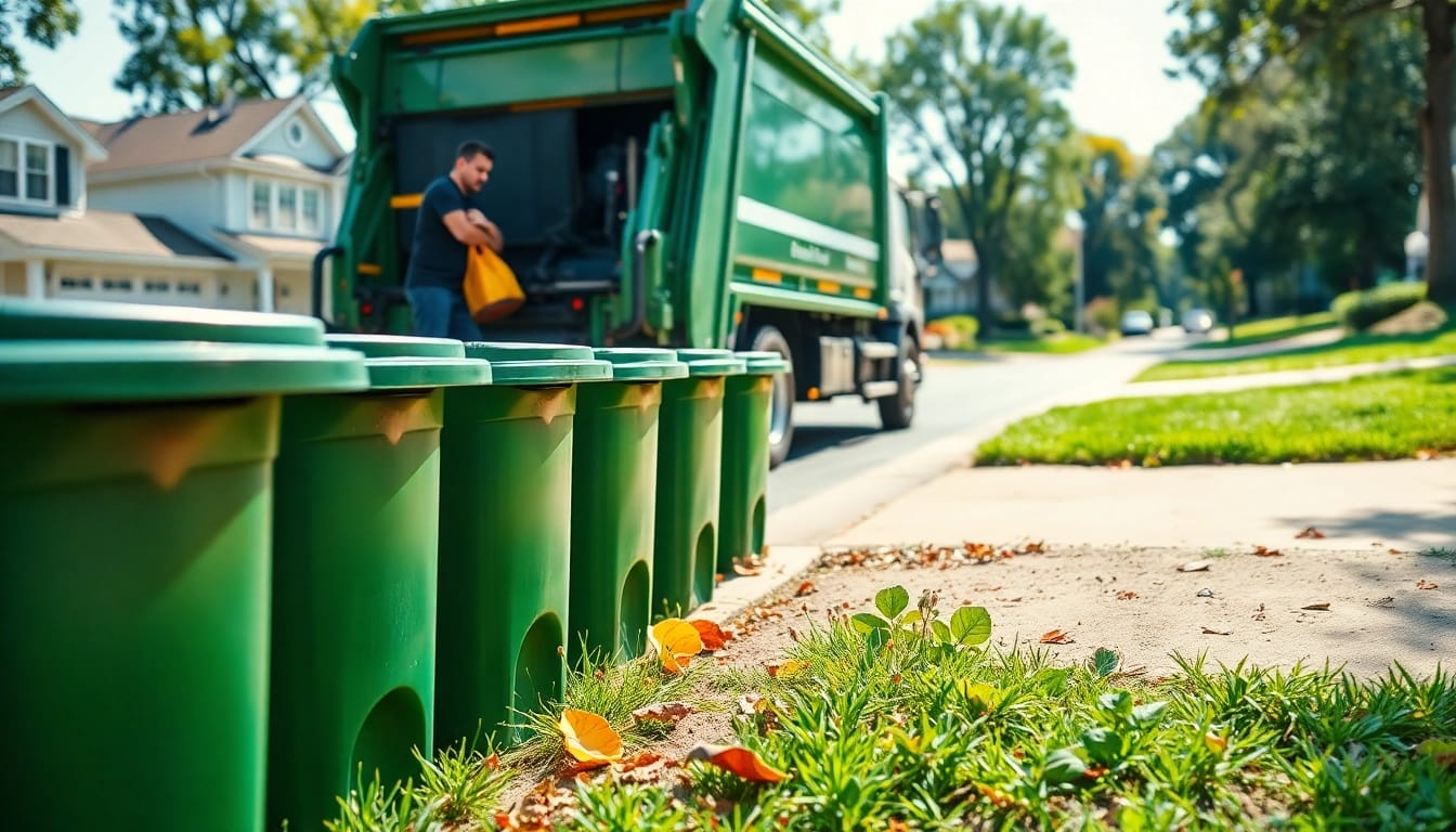 Efficient cold lake garbage schedule showcasing curbside bins ready for collection in a clean neighborhood.