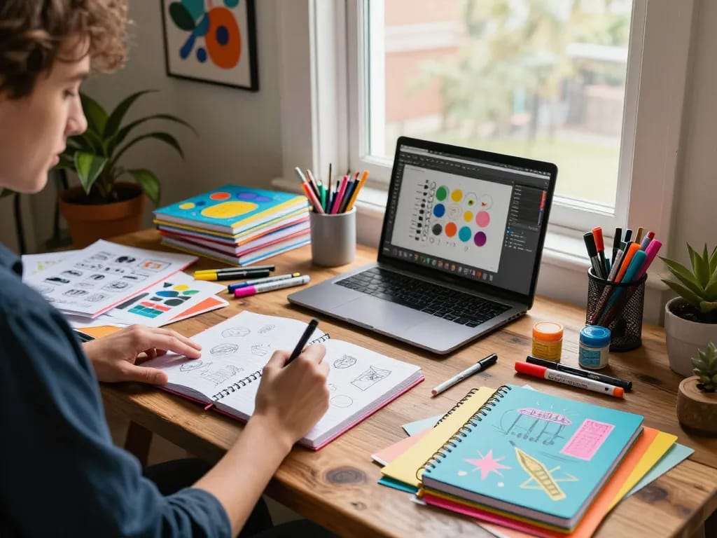 Artist designing custom notebooks in a vibrant home office with art supplies and sunlight.