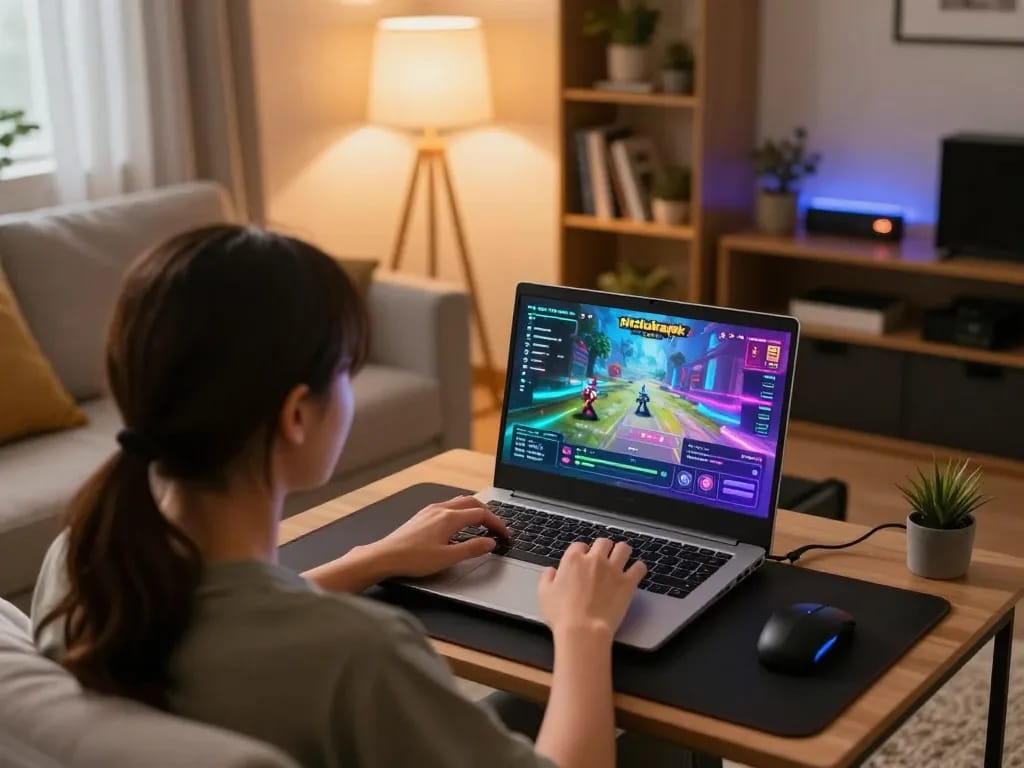 Engaging gameplay on hitclubapk displayed on a laptop in a cozy home setting.