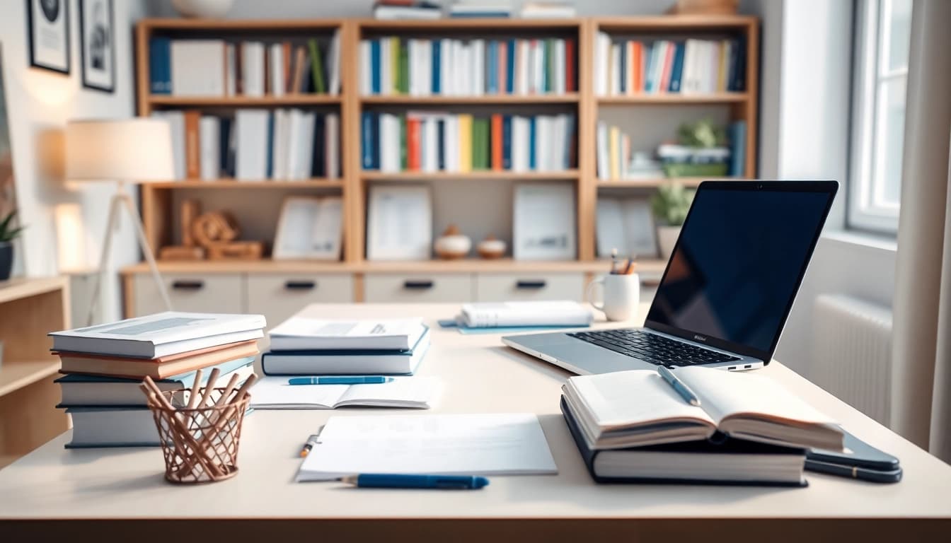 Engaging illustration of remote exam assistance setup in a cozy office with essential study tools.