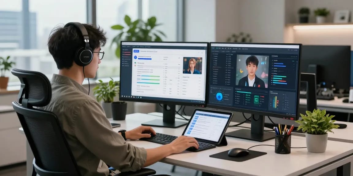 AI image detector software interface on dual monitors in a modern office.