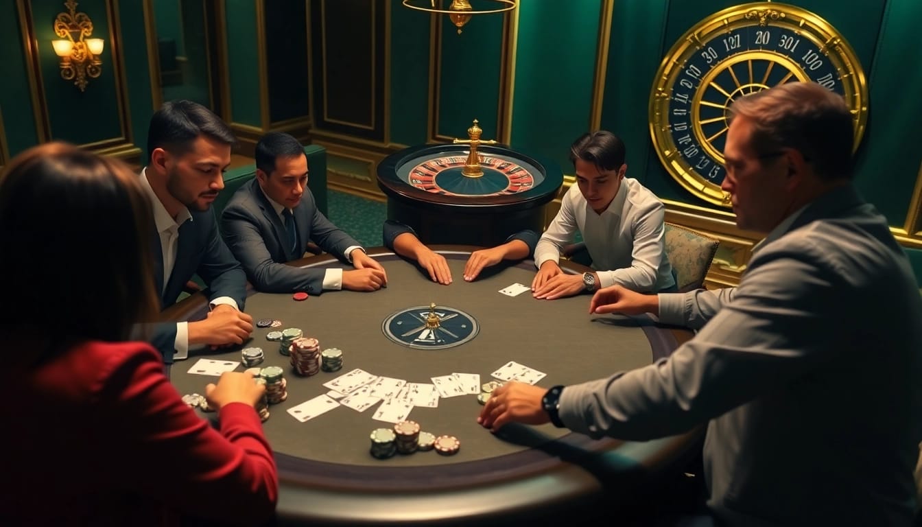Joueurs engagés à une table de poker dans un cadre de casino fiable en ligne, montrant excitation et stratégie.