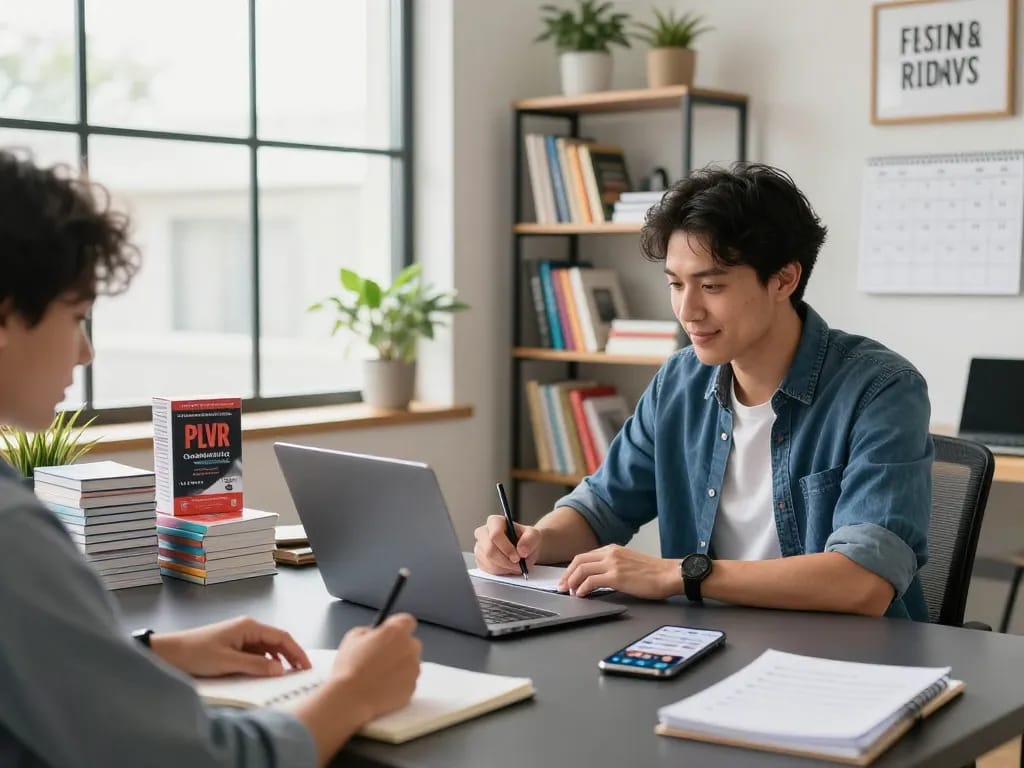 Purchase PLR Content in a stylish home office with eBooks and courses surrounding an entrepreneur at work.