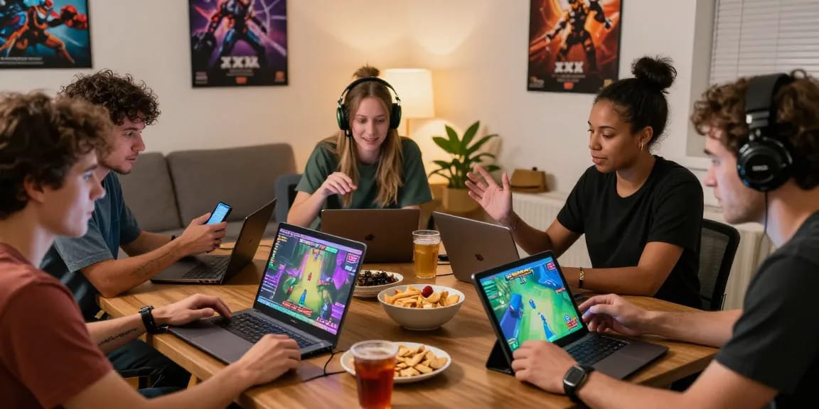 Engaged adults playing xxx games on multiple devices in a cozy living room.