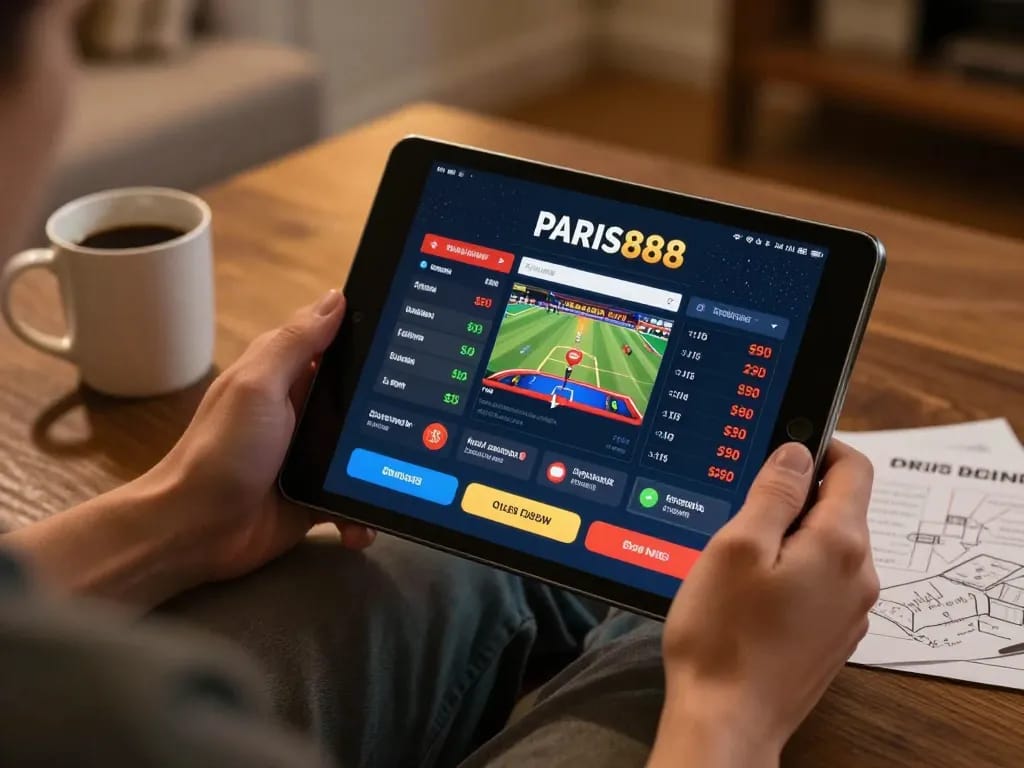 Engaging in online gambling with Paris888's platform, showcasing excitement and strategy in a cozy home setup.