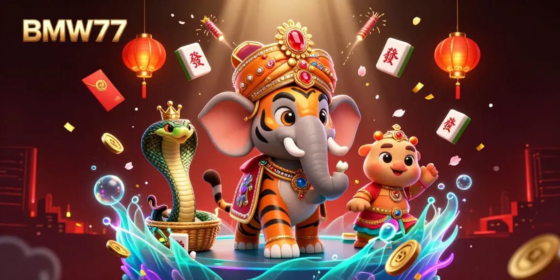 Experience the vibrant casino scene of BMW777 with animated characters and dynamic gambling elements.