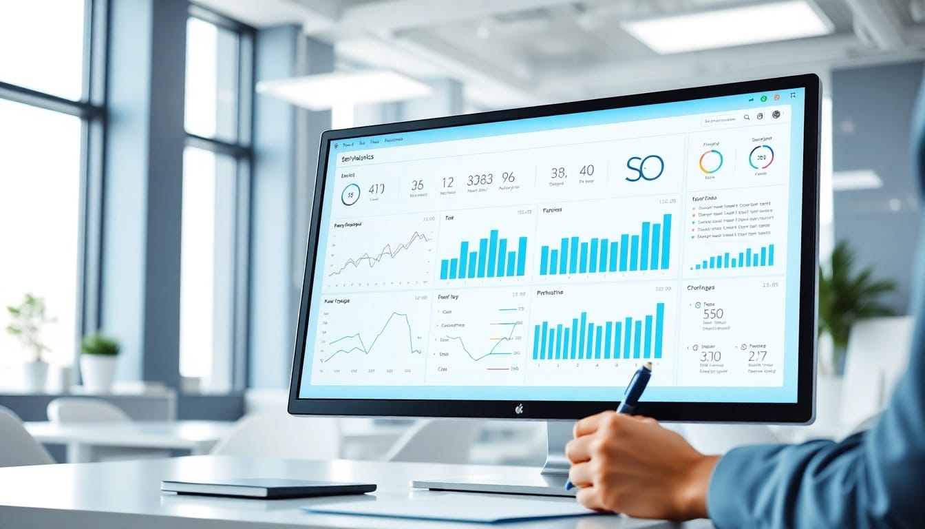 Analyze SEO performance data on a computer screen in a modern office.
