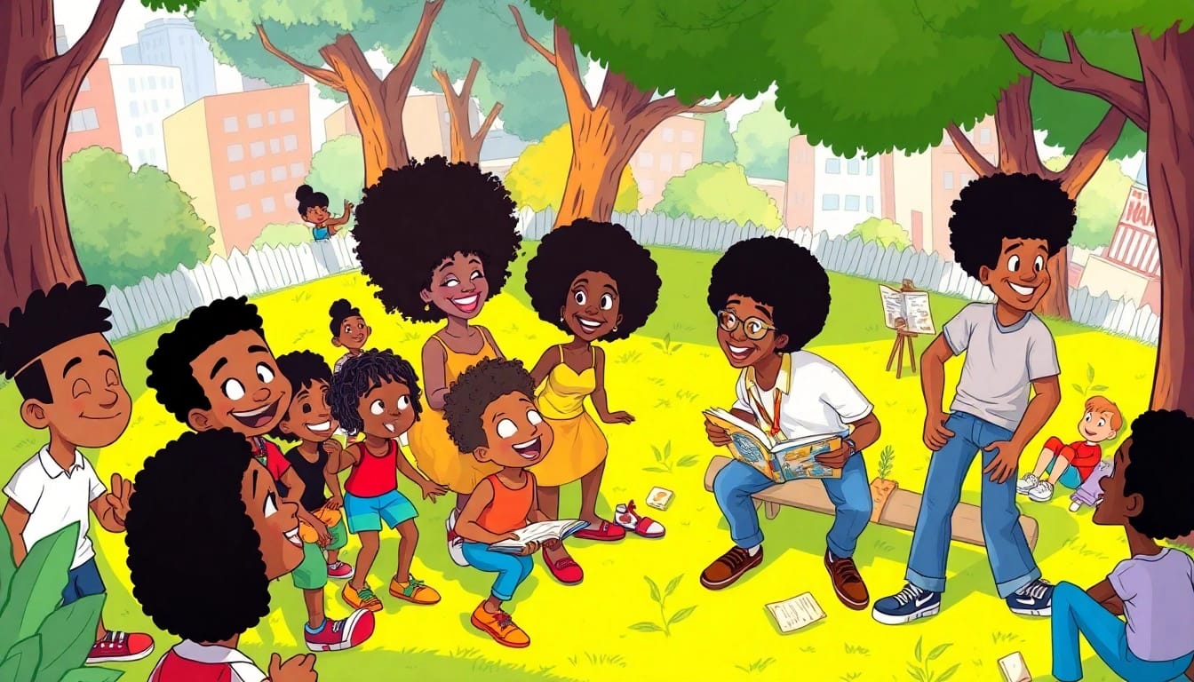 A colorful illustration of African American Cartoons characters in a vibrant park, celebrating creativity and representation.