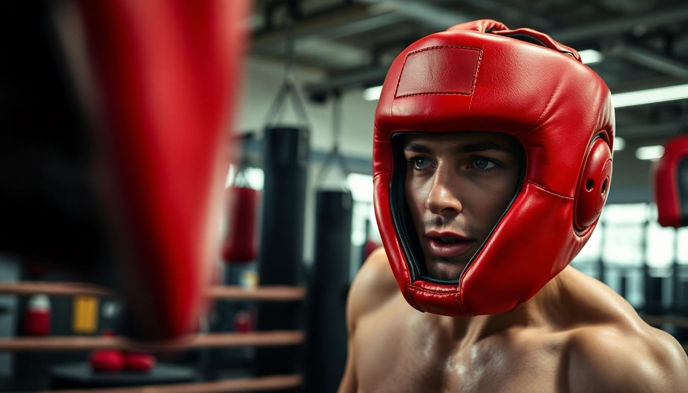 Kämpfer in Boxhandschuhen und Kopfschutz mit hochwertigem headgear boxing im Training.