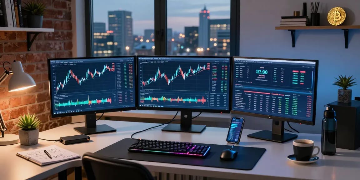 recover crypto investment से संबंधित क्रिप्टोकरेंसी ट्रेडिंग काउंटर की एक आधुनिक छवि जिसमें डेटा चार्ट और वॉलेट ऐप दिखाया गया है।