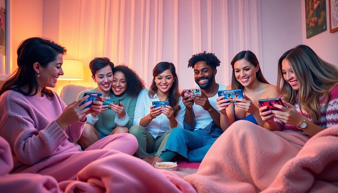 Friendly gathering enjoying mobile porn games in a cozy home setting.