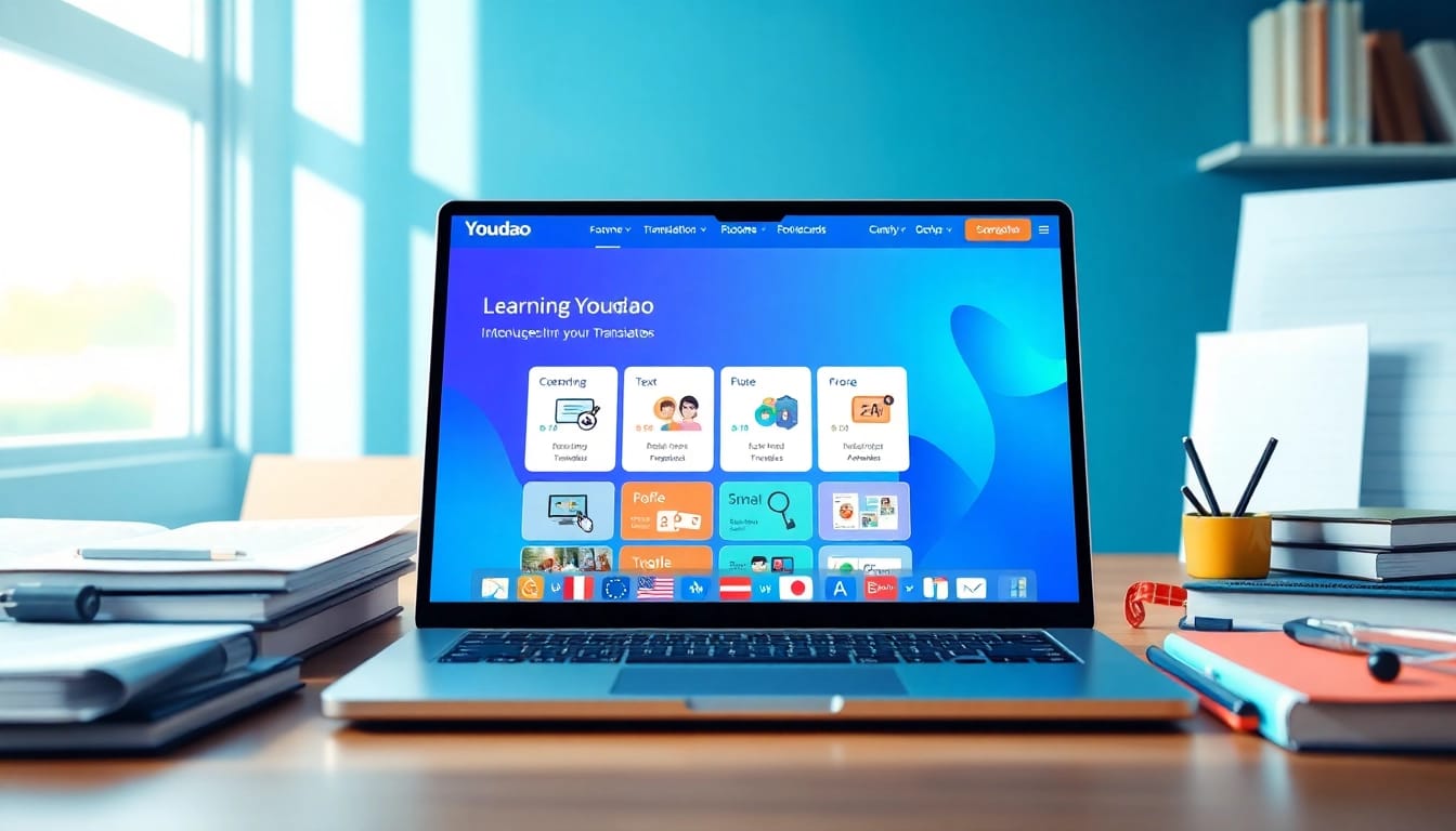 Youdao language translation tools displayed on a modern laptop, surrounded by educational materials.