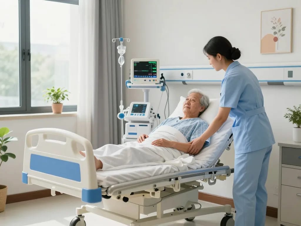 Patient bed (giường bệnh nhân) in a hospital room setting, highlighting care and comfort.