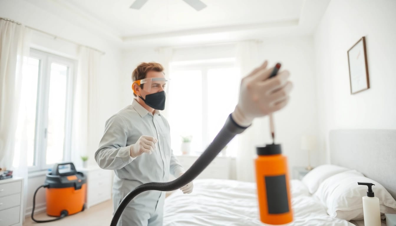 Bedbugs exterminator near me treating a bedroom professionally.