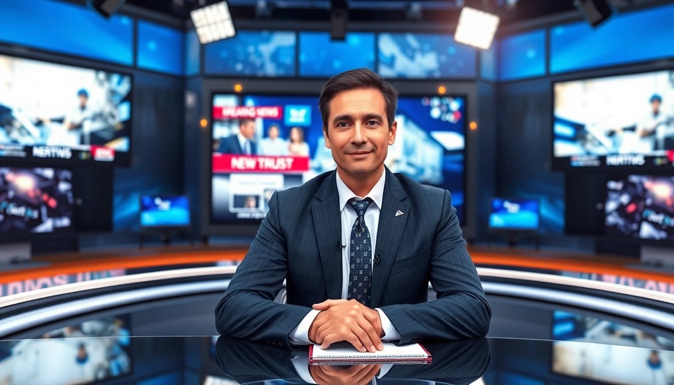Catch the latest news updates from a professional news anchor in a high-tech newsroom.