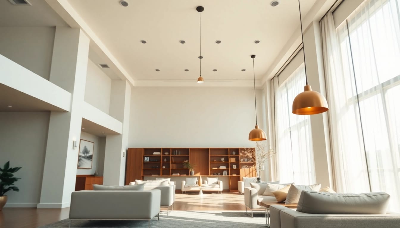 Sleek Illumination showcasing elegant light fixtures in a modern interior setting with warm colors.